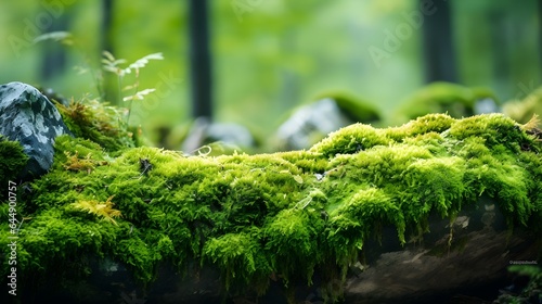 Stone Covered with Green Moss in Forest: Ideal Natural Product Display Background