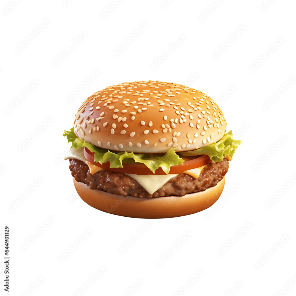 Tasty beef burger with cheese and vegetables, isolated on transparent background Tasty beef burger with cheese and vegetables, isolated on transparent background