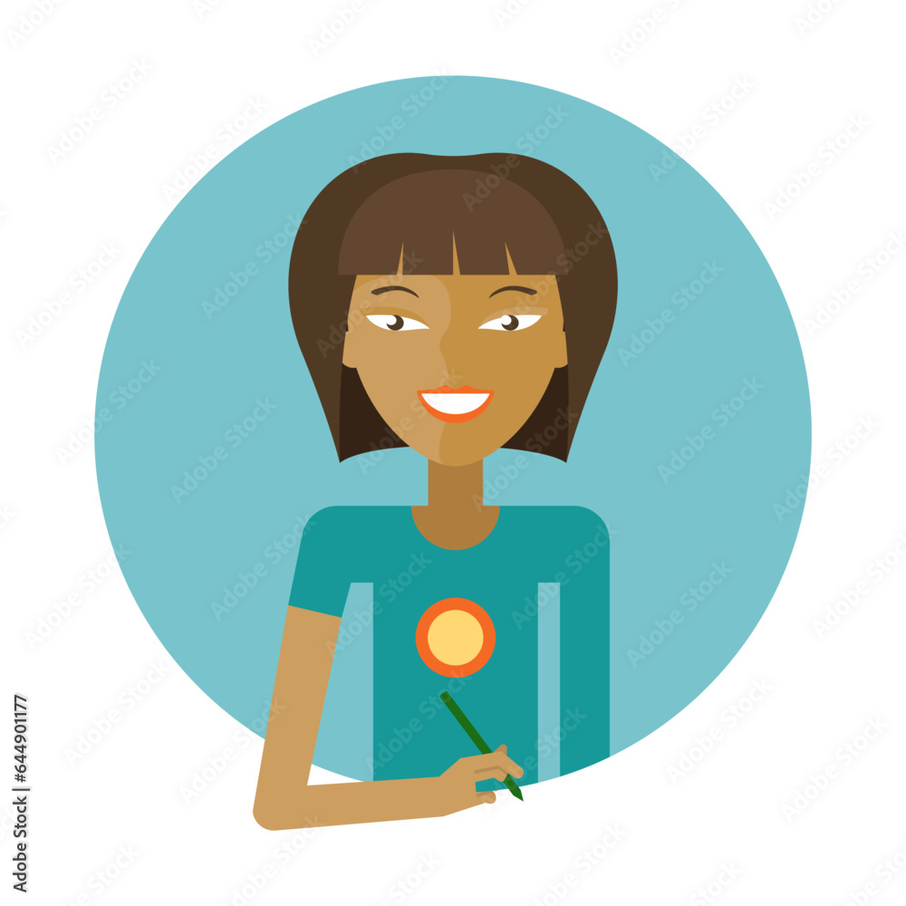 Girl student with dark hair vector. Girl writing down lecture or homework. Multicolored flat vector circle icon representing girls activities and professions concept isolated on white background Girl student with dark hair vector. Girl writing down lecture or homework. Multicolored flat vector circle icon representing girls activities and professions concept isolated on white background