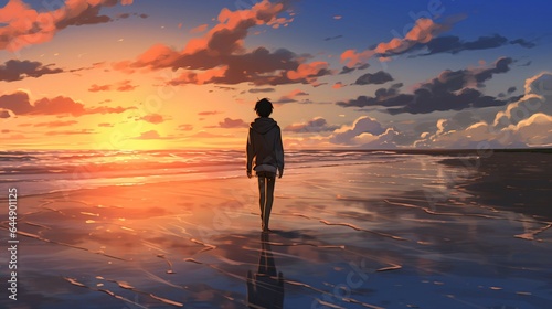 Alone Anime Boy, Walking on beach of Love and Loss.