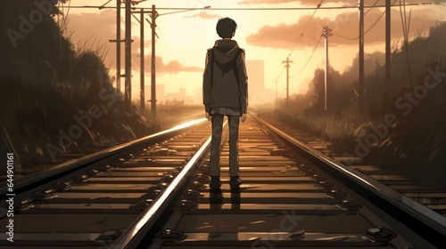 Alone Anime boy, Walking the Lonely Railway of Love and Loss. © ShadowHero
