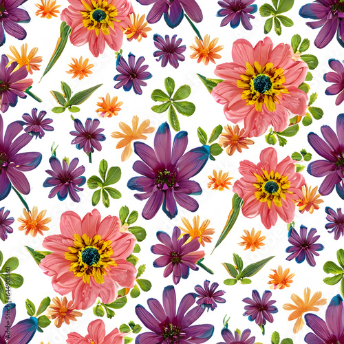 Blooming seamless pattern. Plant background. A lot of different flowers. 