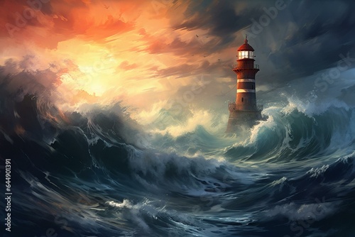 Illustrated digital painting of a lighthouse amidst powerful ocean waves. Generative AI