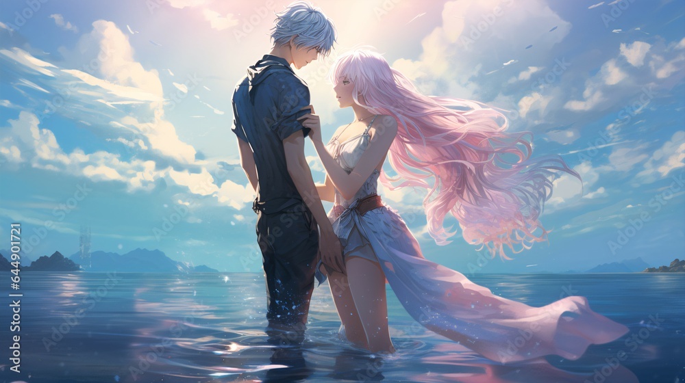 Fototapeta premium Anime Love in the Clouds - Enchanting Aerial Romance.