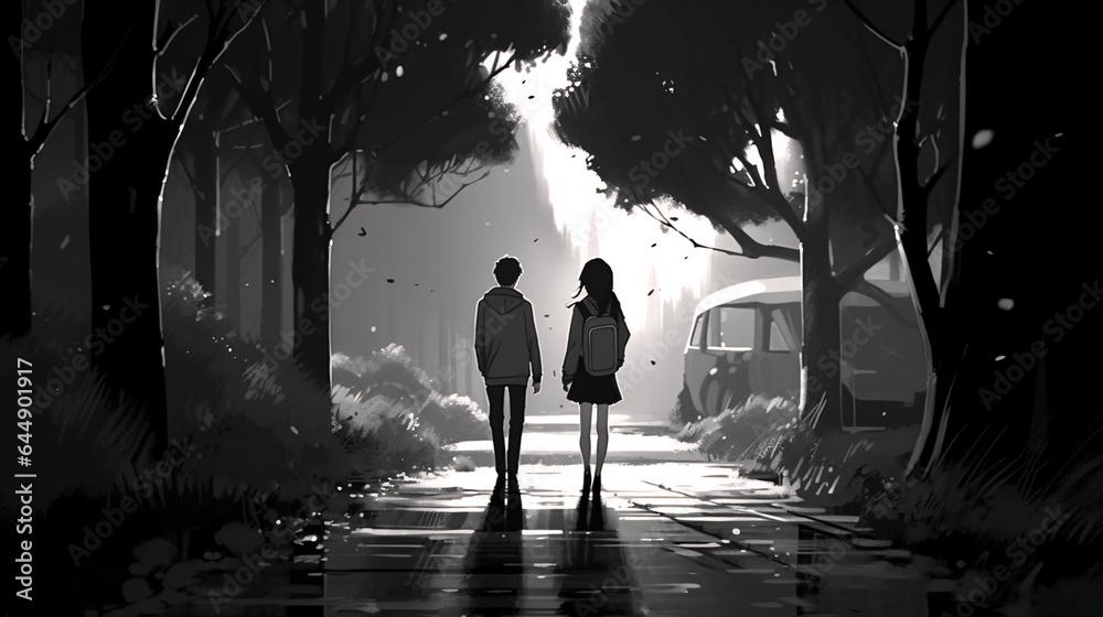 Anime Couple Walking - Black and White. Anime Couple Walking - Black and White.