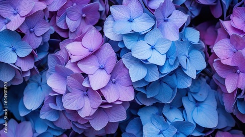 close-up of hydrangea, many blue flowers, background banner texture with flowers
