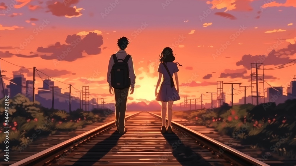 Fototapeta premium Anime Couple Walking on Railway Track - Love and Happiness.