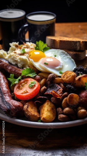 A full Irish breakfast on a plate, fried bacon, sausages, tomatoes and other vegetables, fudge, scrambled eggs, potato bread, fried potatoes, fresh greens, beer. 
