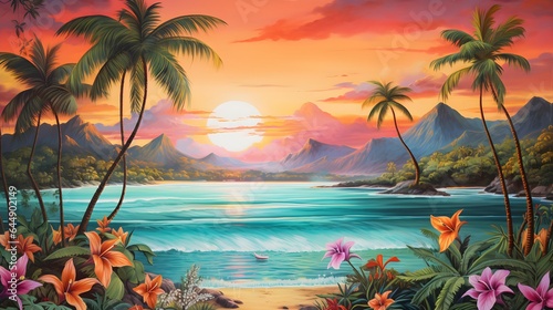 Tropical Tranquility  Artistic Sunset Painting of a Beach Paradise