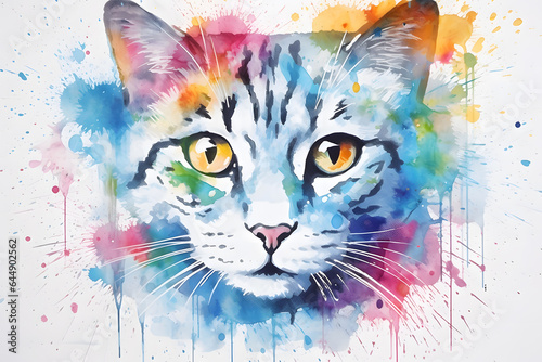 Modern colorful watercolor painting of a cat, textured white paper background, vibrant paint splashes. Created with generative AI