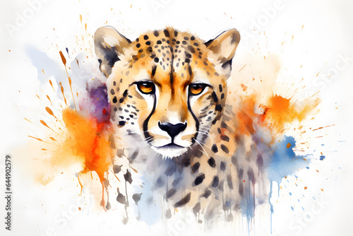 Modern colorful watercolor painting of a cheetah, textured white paper background, vibrant paint splashes. Created with generative AI