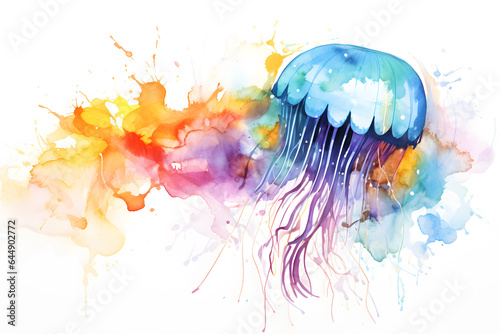 Modern colorful watercolor painting of a jellyfish  textured white paper background  vibrant paint splashes. Created with generative AI