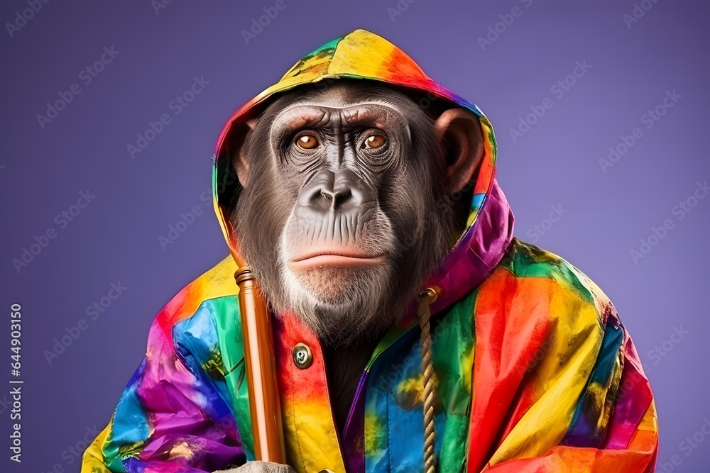 Portrait of a chimpanzee wearing a raincoat and an umbrella in studio, colorful background. Autumn concept. Generative AI - obrazy, fototapety, plakaty 