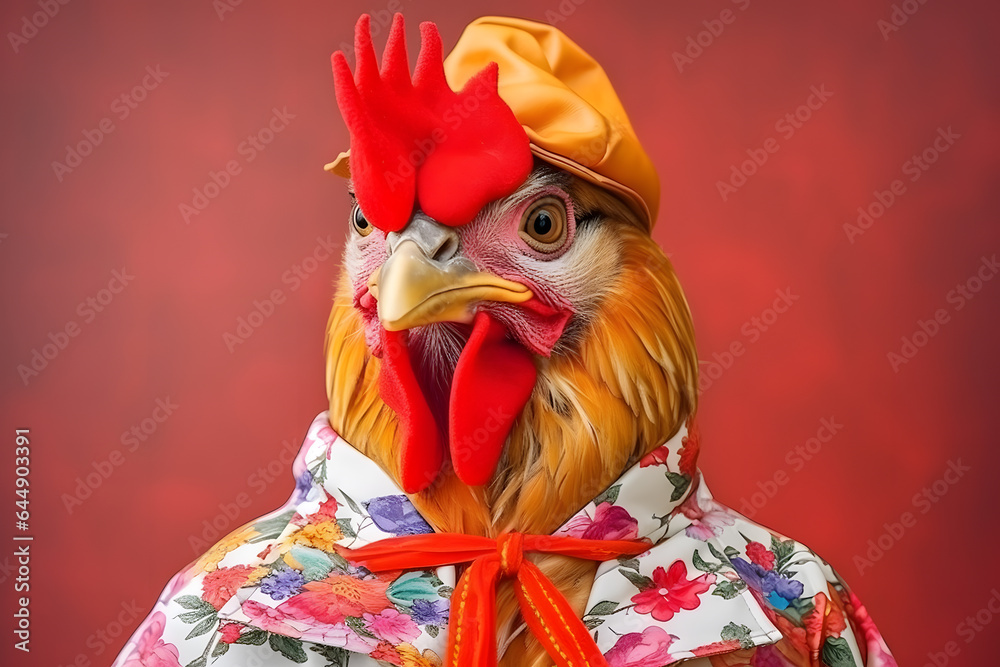 Portrait of a rooster or chicken wearing a raincoat and an umbrella in studio, colorful background. Autumn concept. Generative AI