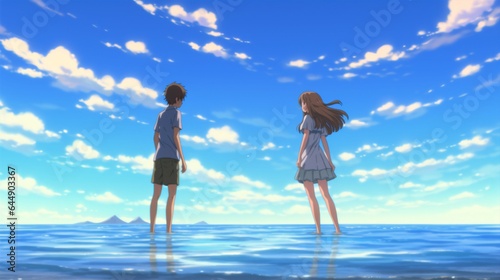 Beach Romance Anime Couple in Swimwear, Love and Affection, Boyfriend and Girlfriend, Asia.