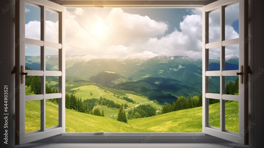 Stunning Open Window with Mountain, Lake, Trees, and Sun View. Stunning Open Window with Mountain, Lake, Trees, and Sun View.