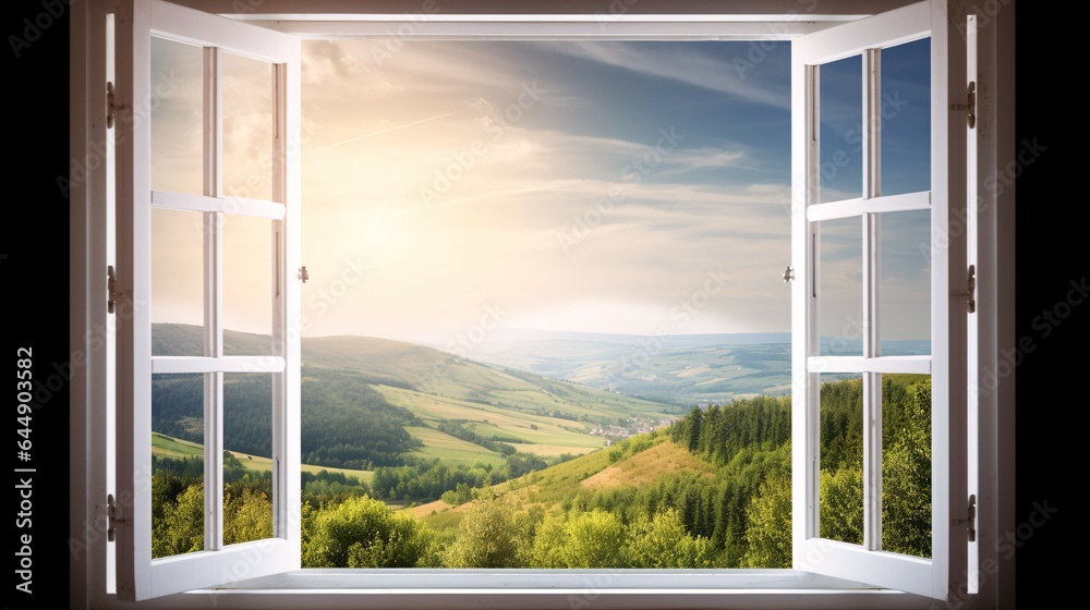 Stunning Open Window with Mountain, Trees, and Sun View.