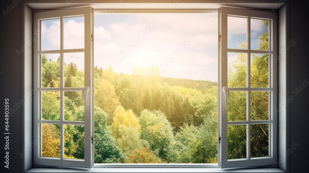 Naklejka premium Beautiful Open Plastic Window Overlooking a Sunny World.