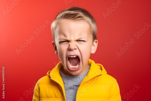 Studio portrait of a little boy being yelling in anger, isolated on colorful background. Kids emotions or moods concept. Generative AI