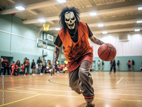  AI-generated street photo of the Halloween basketball zombie. An enchanting melancholic scene of paranormal, spooky Halloween costume. Halloween spirit. Eerie Halloween macabre