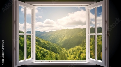 Stunning Open Window with Mountain, Lake, Trees, and Sun View.