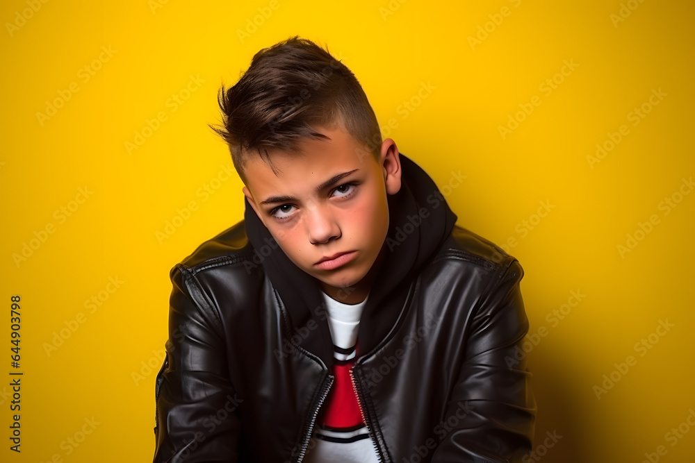 Studio portrait of a teenager boy being suspicious and interogative, isolated on colorful background. Teenager emotions or moods concept. Generative AI Studio portrait of a teenager boy being suspicious and interogative, isolated on colorful background. Teenager emotions or moods concept. Generative AI