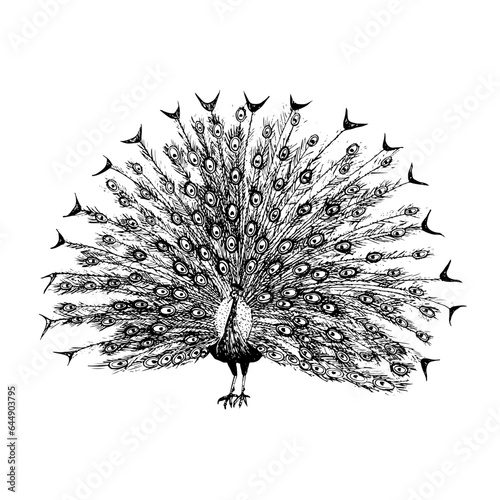 Vector peacock with open tail ink sketch black and white illustration. Hand drawn realistic drawing