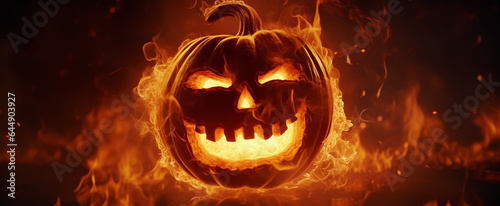 AI-generated image of a Jack-o'-lantern Halloween pumpkin in flames. Sinister grin carved haunting the collective imagination with spectral, ghostly charm embodying true essence of Halloween spirit