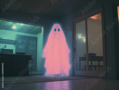 AI-generated photo of the Halloween solitary ghost ghoul spirit in the cheerful aesthetics of 90s. An enchanting melancholic scene of paranormal, spooky Halloween. Halloween spirit. Eerie nineties. photo