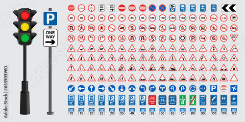 Set of road signs and traffic light vectors. Traffic signs collection. Signs of danger, mandatory, obligations, animal crossing and alerts. Supplementary and routing table. Vector.