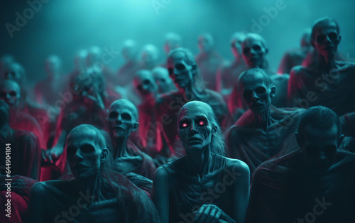 AI-generated haunted Halloween macabre photo. A bunch of creepy zombies watching a film in the movie theatre. Halloween spirit. Eerie Halloween celebration photos.