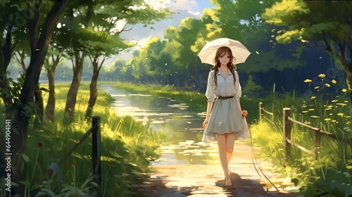 Anime Woman in Professional Attire Walking by the Riverside. © ShadowHero