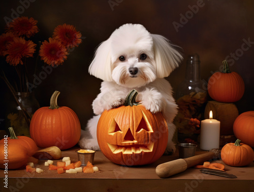 An AI-generated heartwarming photo of the cutest Maltese puppy carving a pumpkin lantern for Halloween. An innocent exploration, carefree fun, friendship and playful simplest pleasure.