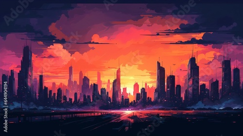 Big Asian City Sunset, Cyberpunk Style Vector Illustration.