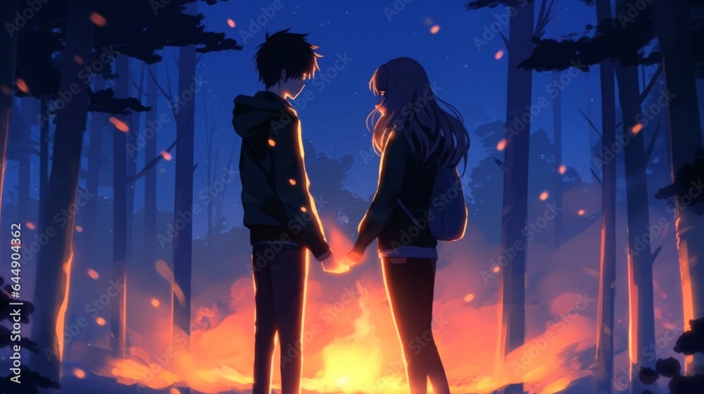 Anime Couple by the Bonfire of Love and Affection in Asia.