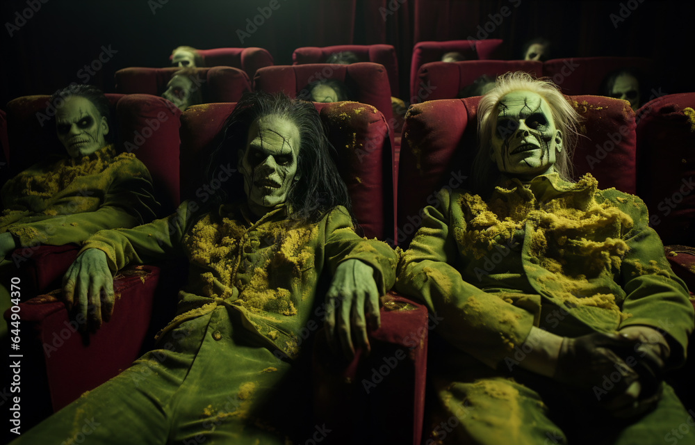 AI-generated haunted Halloween macabre photo. A bunch of creepy zombies seating in the movie theatre. Halloween spirit. Eerie Halloween celebration photos. AI-generated haunted Halloween macabre photo. A bunch of creepy zombies seating in the movie theatre. Halloween spirit. Eerie Halloween celebration photos.
