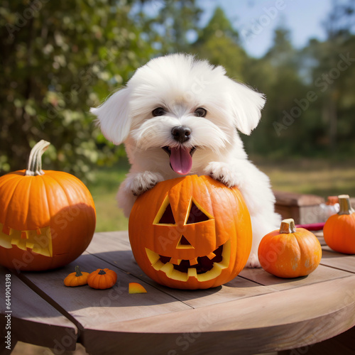 An AI-generated heartwarming photo of the cutest Maltese puppy carving a pumpkin lantern for Halloween. An innocent exploration, carefree fun, friendship and playful simplest pleasure.