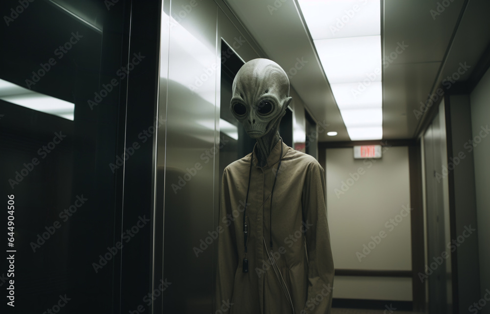 AI-generated photo of the Halloween solitary alien. An enchanting melancholic scene of extraterrestrials waiting at the hall with an elevator. Halloween spirit. Eerie Halloween macabre fall photos. 