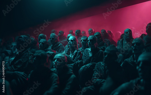 AI-generated haunted Halloween macabre photo. A bunch of creepy zombies seating in the movie theatre. Halloween spirit. Eerie Halloween celebration photos.