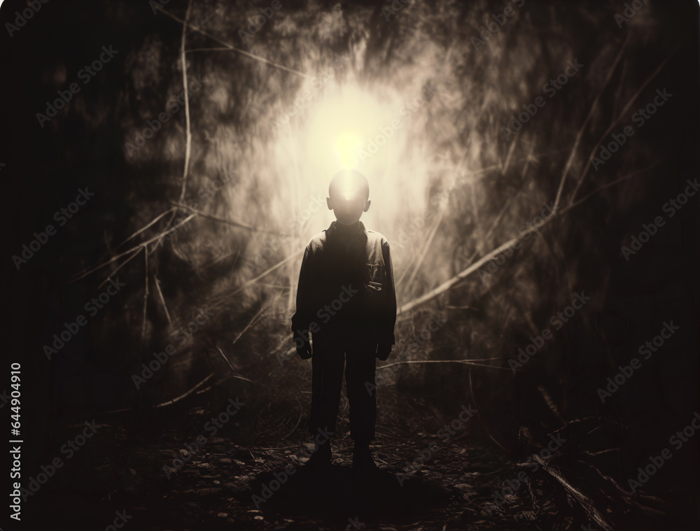 Obraz premium AI-generated haunted Halloween photo. It is an enchanting melancholic scene of a solitary boy ghost. Halloween spirit. Eerie Hallowen celebration photos.