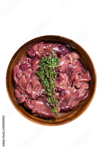 Raw duck liver offals in a wooden plate.  High quality Isolate, transparent