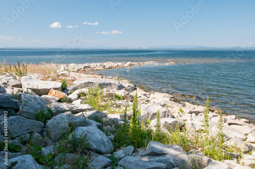 Landscape view of lake Uvildy with its rocky coastline in summer, South Ural, Russian Federation photo