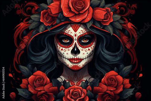 La Catrina dia de muertos Figur mit Maske / Make-up. Dekoriert mit Blumen. Tag der Toten in Mexico. Querformat. Generative Ai.