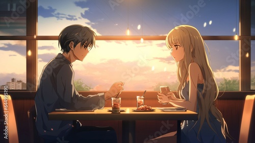Anime Couple Sharing a Romantic Dinner - Love and Affection in Asian Style.