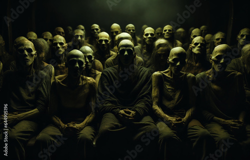 AI-generated haunted Halloween macabre photo. A bunch of creepy zombies watching a film in the movie theatre. Halloween spirit. Eerie Halloween celebration photos.
