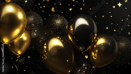 Golden & black balloons with sparkles on black background