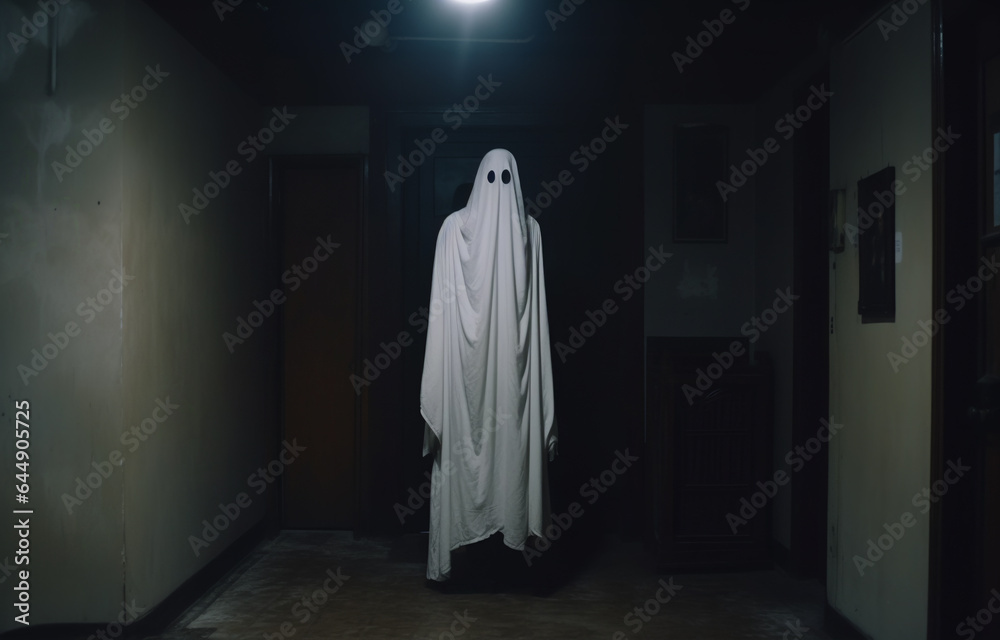 AI-generated photo of the Halloween solitary ghost. An enchanting yet melancholic scene invites you to embrace. Halloween spirit. Eerie hallowen celebration photos.