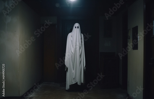 AI-generated photo of the Halloween solitary ghost. An enchanting yet melancholic scene invites you to embrace. Halloween spirit. Eerie hallowen celebration photos. photo