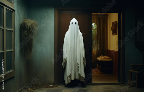 AI-generated photo of the Halloween solitary ghost. An enchanting yet melancholic scene invites you to embrace. Halloween spirit. Eerie hallowen celebration photos.  photo