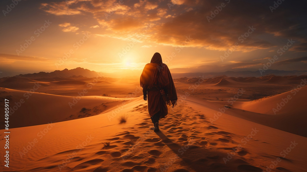 man walking in the desert sand dunes at sunset. AI Generative man walking in the desert sand dunes at sunset. AI Generative